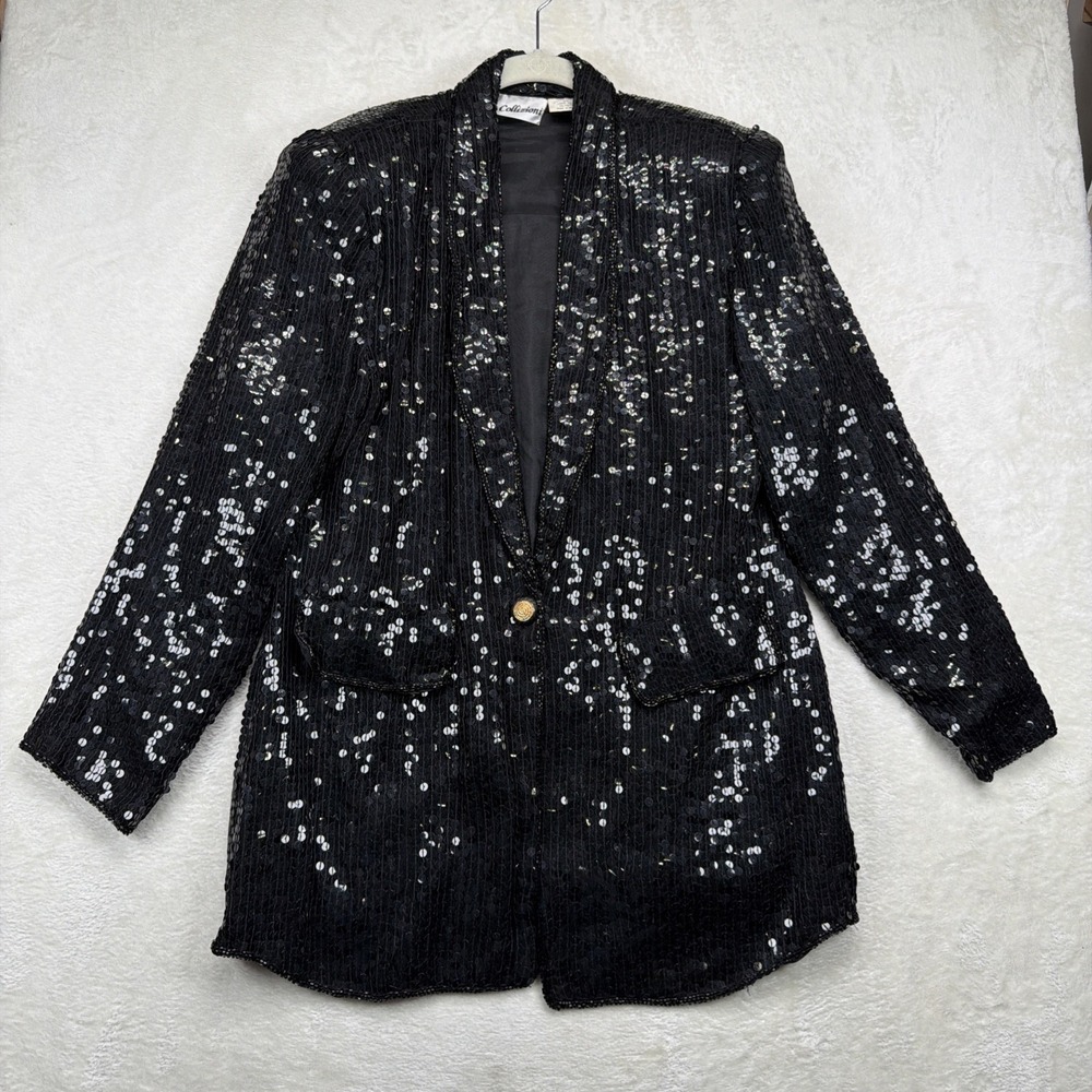 Vintage French Collizioni Sequin Blazer Black Silk Glam Evening Jacket Small